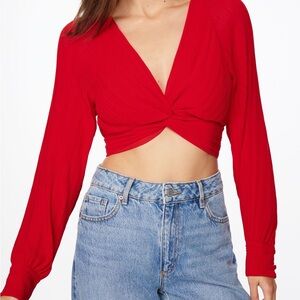 Dynamite Pleated Crop Blouse with Twisted Front
